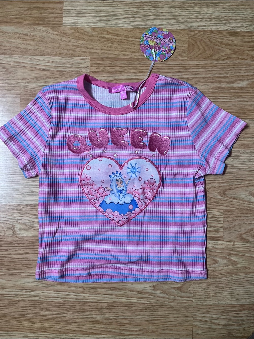 Dolls Kill x Candy Land Pink Striped 'Queen' Graphic Tee for Women